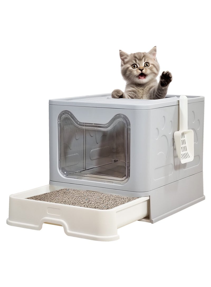 NNC PETS Foldable enclosed cat litter box with Top & Front entry, Transparent door, Sand filter pedal, Litter scoop, and Drawer type, Splash-proof design cat toilet for Indoor cats, Easy to clean 50 cm (Grey) - Image 1