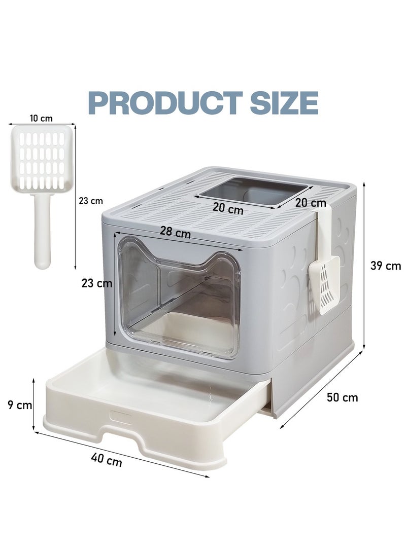 NNC PETS Foldable enclosed cat litter box with Top & Front entry, Transparent door, Sand filter pedal, Litter scoop, and Drawer type, Splash-proof design cat toilet for Indoor cats, Easy to clean 50 cm (Grey) - Image 2