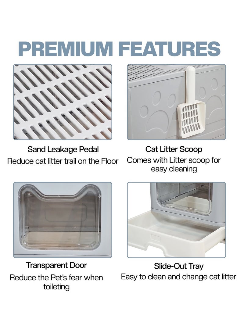 NNC PETS Foldable enclosed cat litter box with Top & Front entry, Transparent door, Sand filter pedal, Litter scoop, and Drawer type, Splash-proof design cat toilet for Indoor cats, Easy to clean 50 cm (Grey) - Image 3