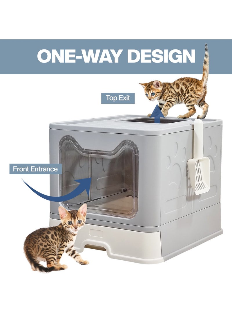NNC PETS Foldable enclosed cat litter box with Top & Front entry, Transparent door, Sand filter pedal, Litter scoop, and Drawer type, Splash-proof design cat toilet for Indoor cats, Easy to clean 50 cm (Grey) - Image 4