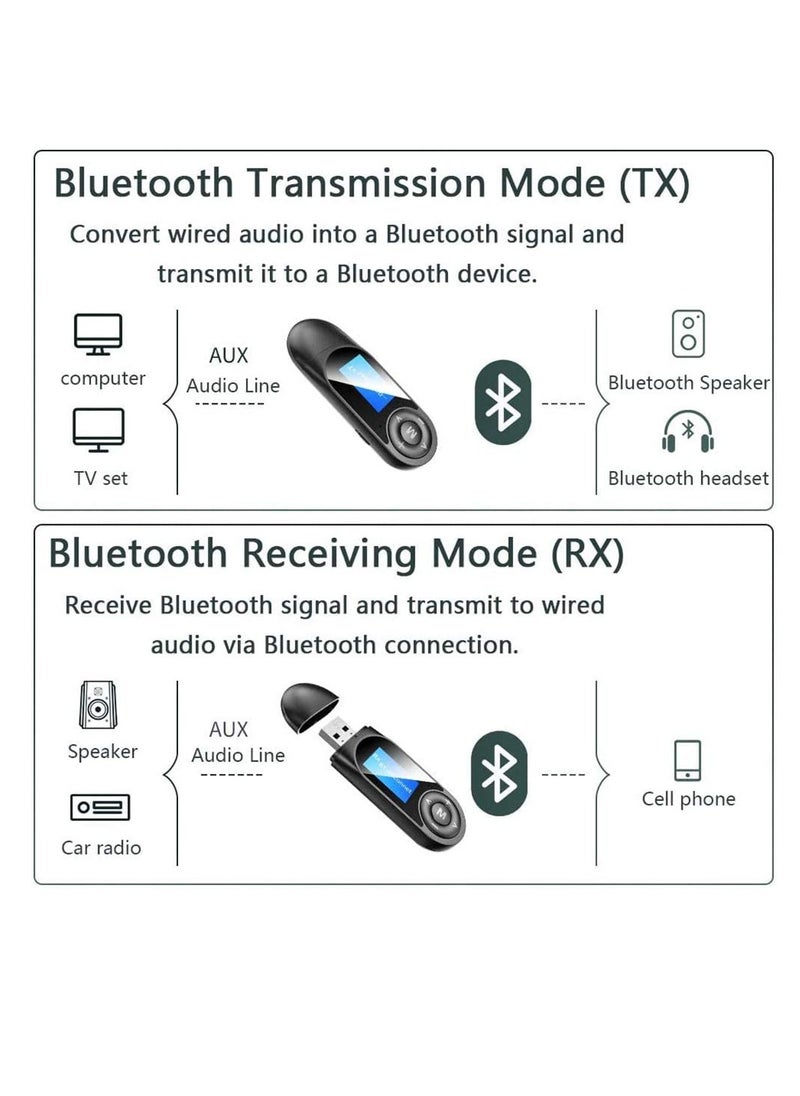 Excefore - Visible Bluetooth Receiver Transmitter, USB 5.0 Bluetooth Adapter, Wireless Bluetooth Adapter with Display Screen Audio Adapter for PC, TV, Headphones, Speaker, Car, Home Stereo System - Image 1