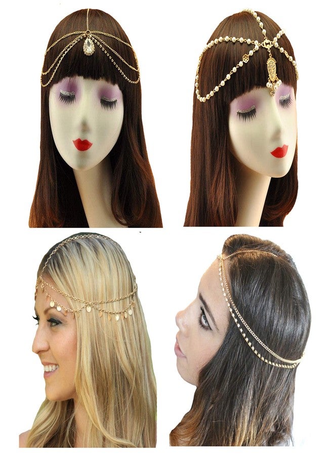 WLBON Gold Head Chain Pearl Sequins Rhinestone Headband Crystal Bohemian Hair Bands Halloween Hoop Women Boho Hippie Hairband Party Decoration Cosplay Costume Handmade Headpiece Jewelry 4 Pack - Image 1