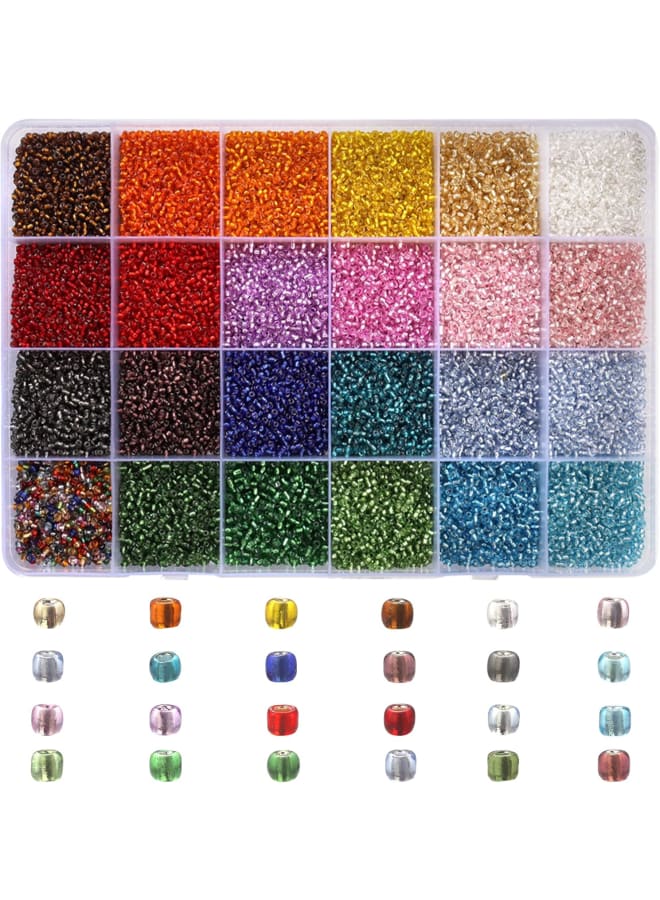 خرز بذور زجاجية 25600 قطعة 2 مم 11/0 خرز صغير ملون مبطن بالفضة لقلائد السوار DIY طقم صنع المجوهرات مع صندوق بلاستيكي 24 حلقة (1066 قطعة لكل لون، 24 لونًا) - Image 1