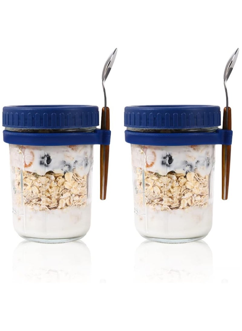 Arabest - 2PCS Overnight Oats Jars with Lid and Spoon,  350ml Large Capacity Airtight Oatmeal Container with Measurement Marks, Portable Jars Breakfast Container for Salads Yogurt Cereal Milk Blue - Image 1