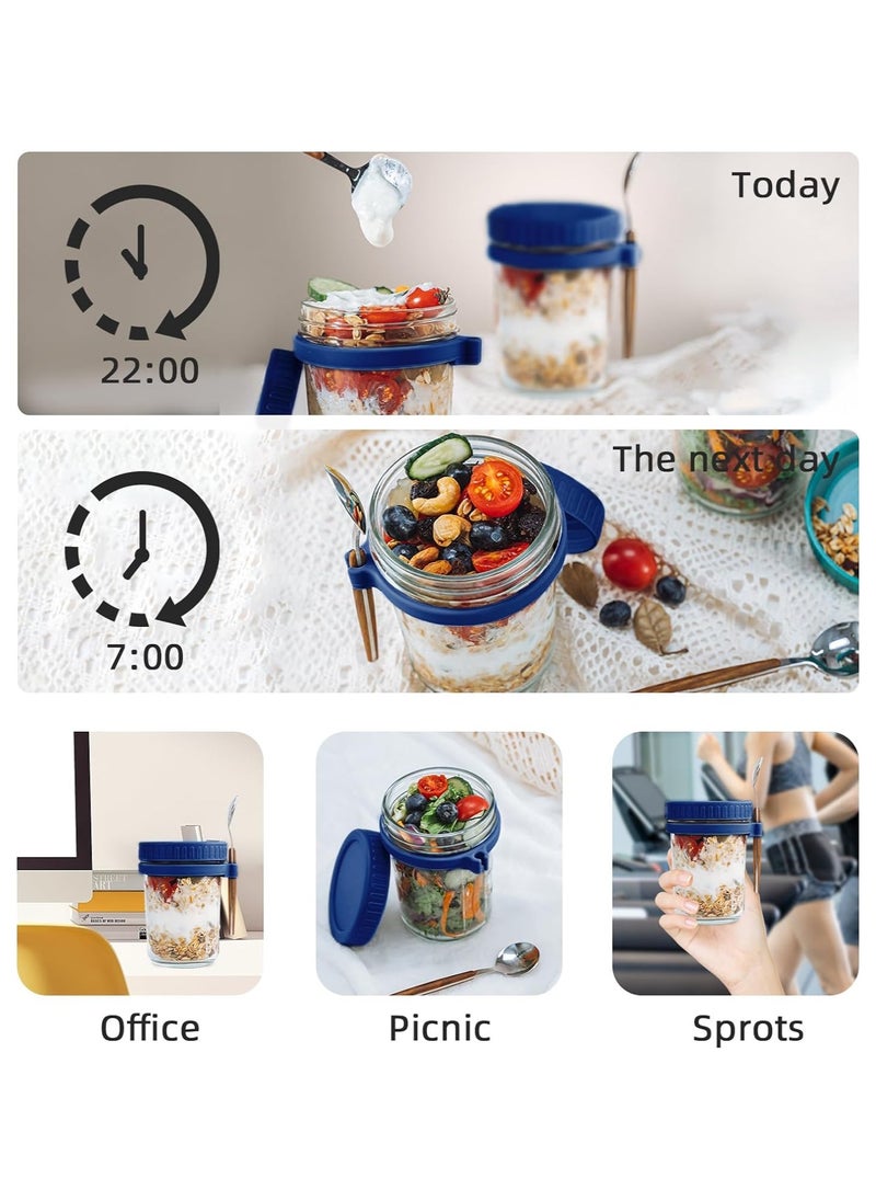 Arabest - 2PCS Overnight Oats Jars with Lid and Spoon,  350ml Large Capacity Airtight Oatmeal Container with Measurement Marks, Portable Jars Breakfast Container for Salads Yogurt Cereal Milk Blue - Image 1