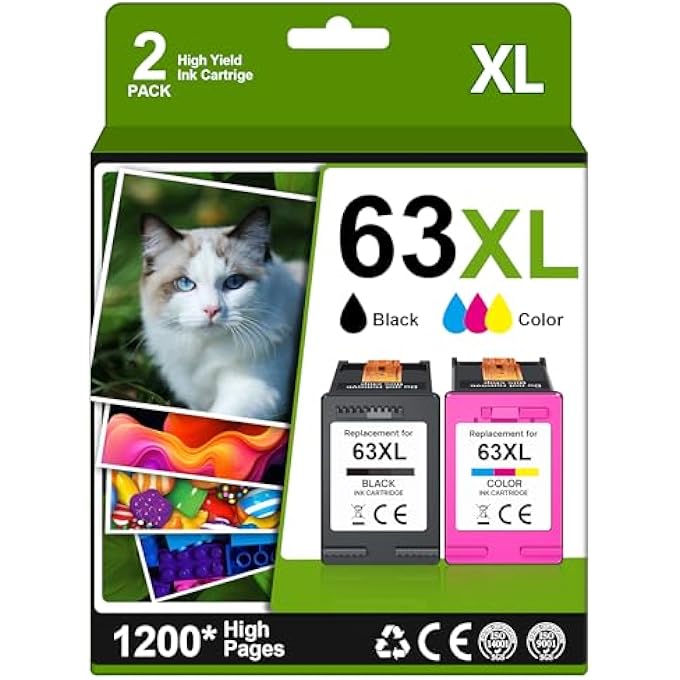 63XL INK CARTRIDGES BLACK AND COLOR FOR HP INK 63 FOR HP 63XL INK CARTRIDGE COMBO PACK WORKS FOR DESKJET 1112 2130 3630, ENVY 4510 4520, OFFICEJET 3830 4650 5200 SERIES (1 BLACK, 1 TRI-COLOR) L0R46AN