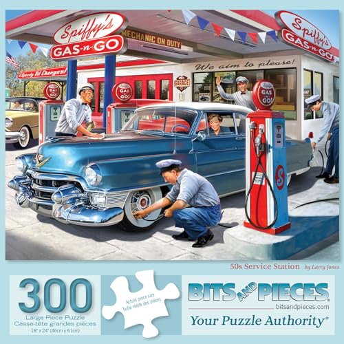 Bits and Pieces 300 Piece Puzzles for Adults 300 Large Pieces 15 x 19 Jigsaw Puzzles Classic Cars Gas Station 1950s Random Die Cut No 2 Pieces Alike 50s Service Station - Image 5