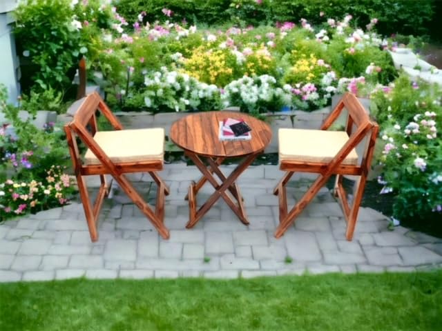 Home furniture Sheesham Wooden Patio Dining Set Foldable Chairs and Table for Balcony Garden and Outdoor 2 Seater with Round Table Cushion