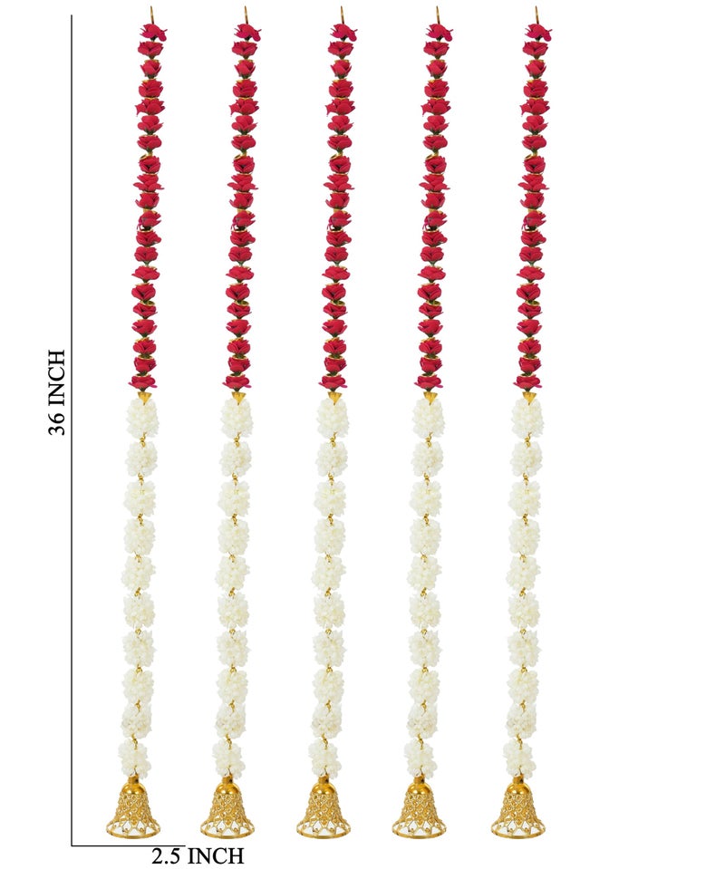 Sanvatsar Mogra Flower Ganeshji and Bells Wall Hanging Strings, Artificial Flower Latkan for Temple, Festival-Diwali/Ganpati Pooja Door (Red) - Image 5