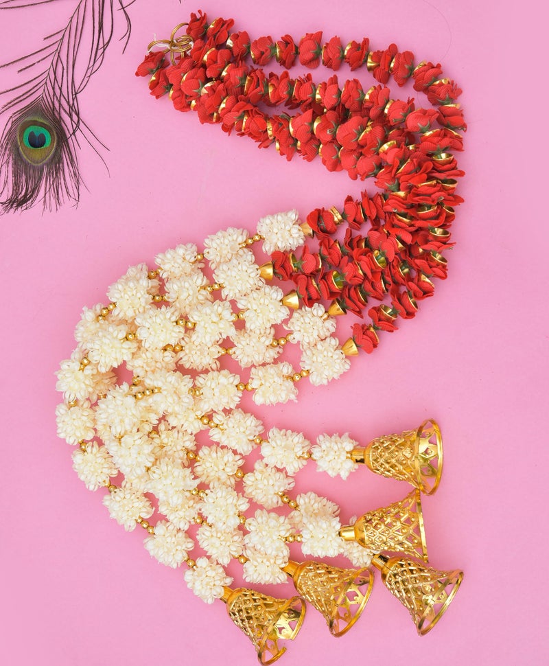 Sanvatsar Mogra Flower Ganeshji and Bells Wall Hanging Strings, Artificial Flower Latkan for Temple, Festival-Diwali/Ganpati Pooja Door (Red) - Image 1