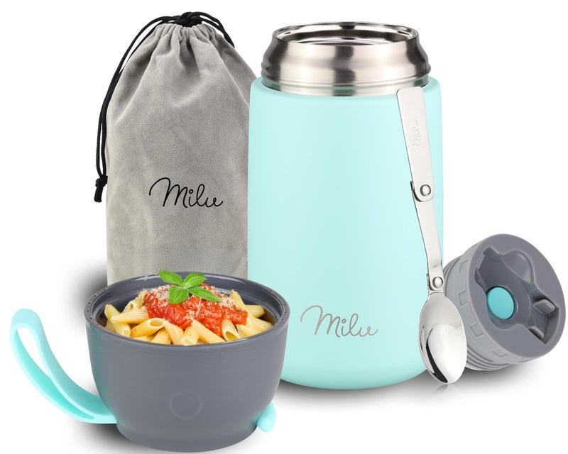 Milu Food Flask for Hot Food  800ml Leakproof Insulated Stainless Steel Thermal Lunch Box Soup Container with Spoon BPAFree to go Meal Prep Porridge Mint 800ml