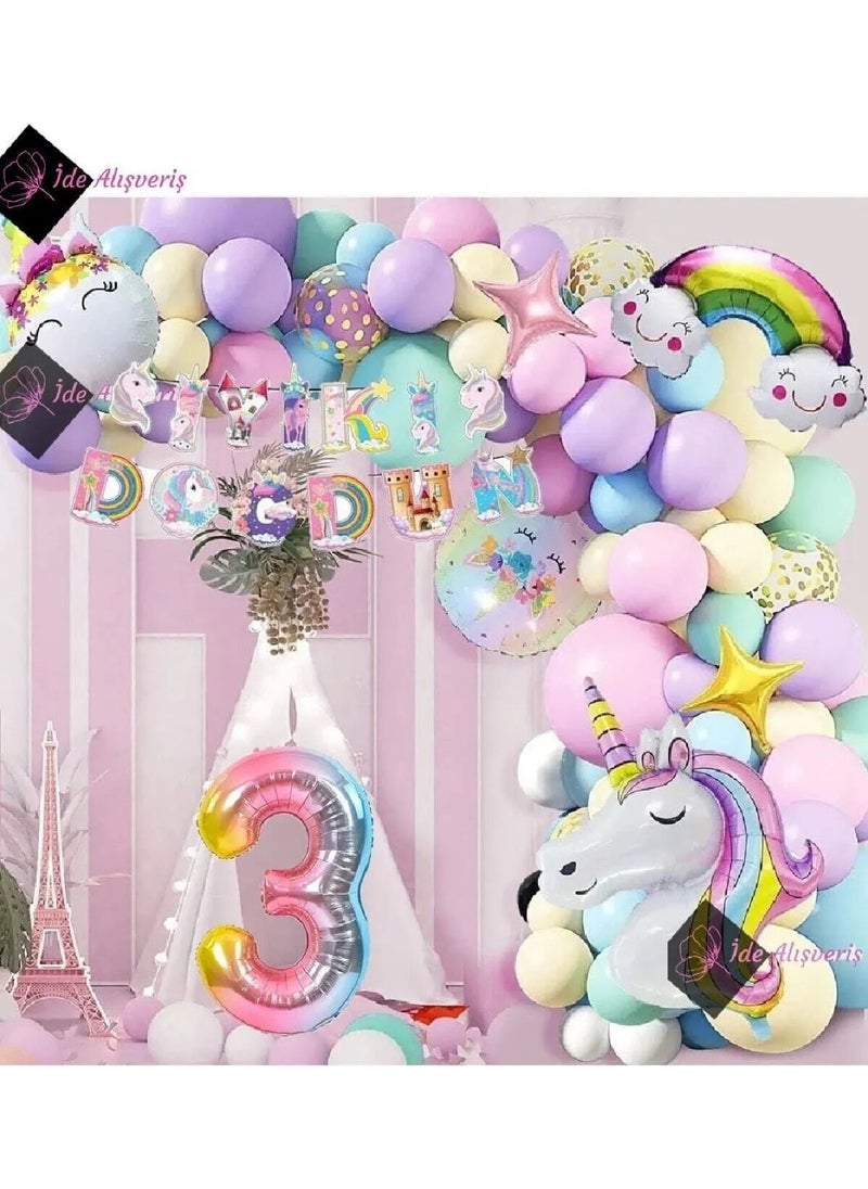 Bkmc Party - Age Foil Character Unicorn Themed Happy Birthday Macaron Balloon Birthday Party Celebration Set - Image 1
