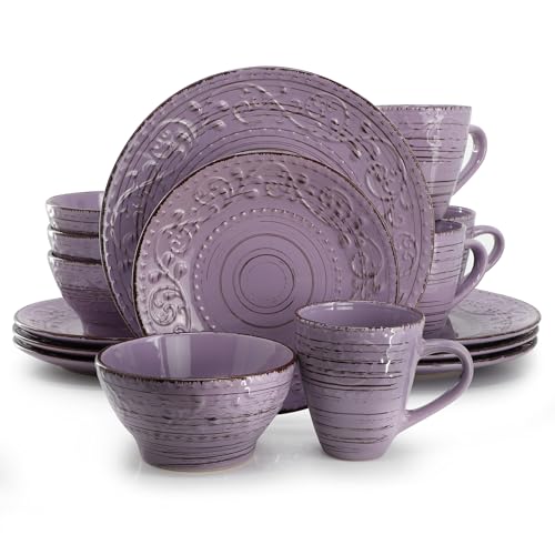 Elama Malibu Mica 16-Piece Stoneware Embossed Pattern Reactive Glaze Purple Dinnerware Set, Tableware, Serveware Set (Mica Purple) - Image 1
