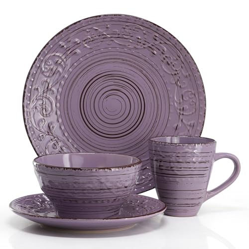 Elama Malibu Mica 16-Piece Stoneware Embossed Pattern Reactive Glaze Purple Dinnerware Set, Tableware, Serveware Set (Mica Purple) - Image 2