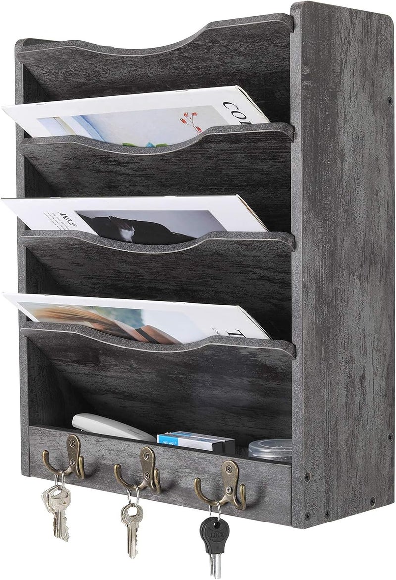 PAG 5-Tier Wall File Holder Hanging Mail Organizer Wood Magazine Literature Rack with 6 Hooks, Dark Gray - Image 2