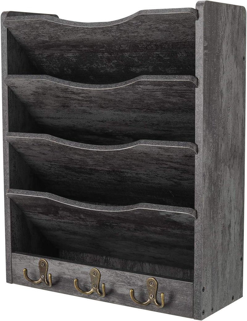 PAG 5-Tier Wall File Holder Hanging Mail Organizer Wood Magazine Literature Rack with 6 Hooks, Dark Gray - Image 1