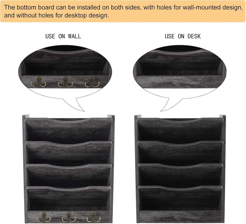 PAG 5-Tier Wall File Holder Hanging Mail Organizer Wood Magazine Literature Rack with 6 Hooks, Dark Gray - Image 4