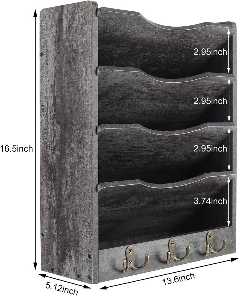 PAG 5-Tier Wall File Holder Hanging Mail Organizer Wood Magazine Literature Rack with 6 Hooks, Dark Gray - Image 3