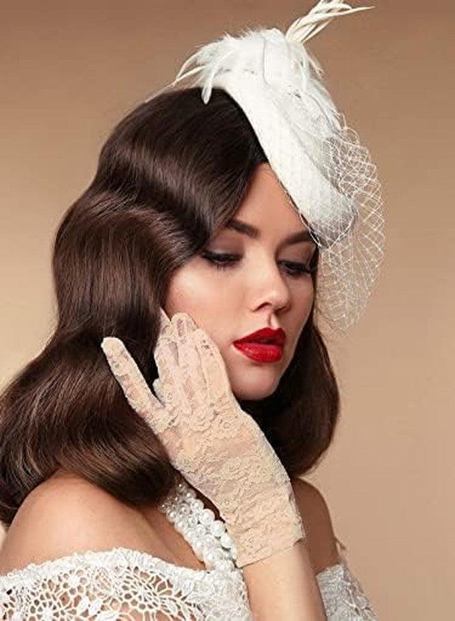YANWENX Ladies Floral Lace Gloves Vintage Opera Gloves, Women Short Elegant Lace Gloves for Women Ladies and Girls Evening Wedding_Beige - Image 2