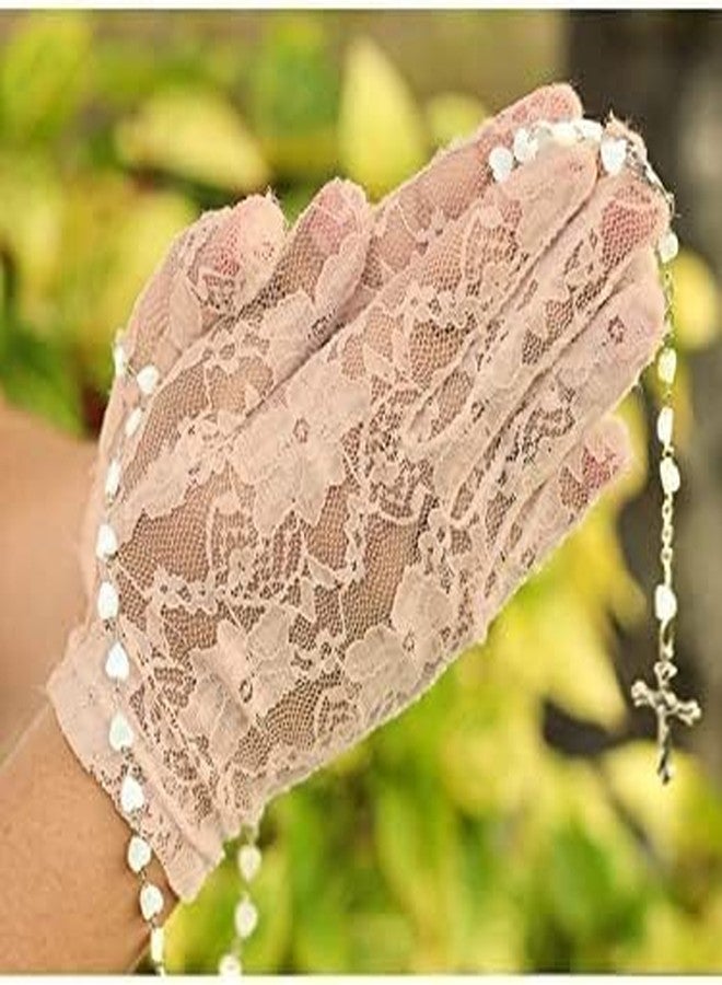 YANWENX Ladies Floral Lace Gloves Vintage Opera Gloves, Women Short Elegant Lace Gloves for Women Ladies and Girls Evening Wedding_Beige - Image 4