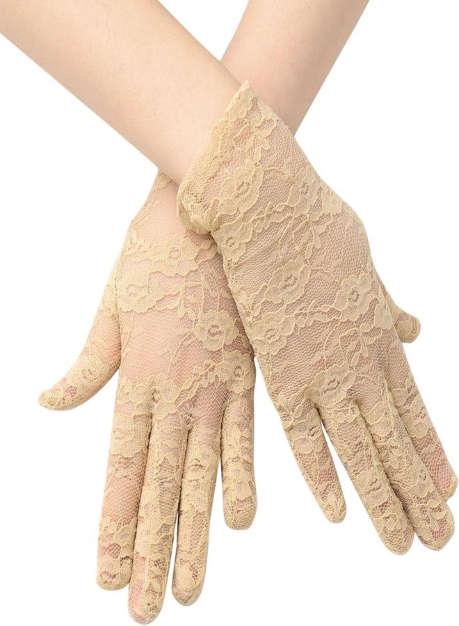 YANWENX Ladies Floral Lace Gloves Vintage Opera Gloves, Women Short Elegant Lace Gloves for Women Ladies and Girls Evening Wedding_Beige - Image 1