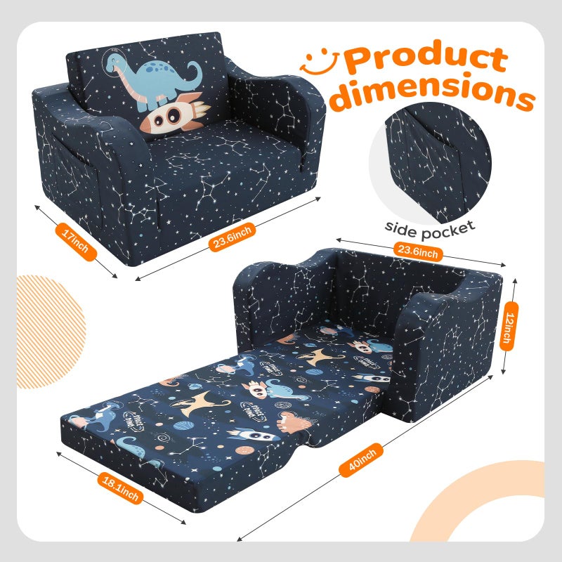 MeMoreCool Toddler Couch, 2-in-1 Kids Couch Fold Out to Lounger, Comfy Toddler Chair for 1-3 Year Old, Soft Foam Kids Sofa with Washable Cover and Side Pocket, Midnight Galaxy - Image 3