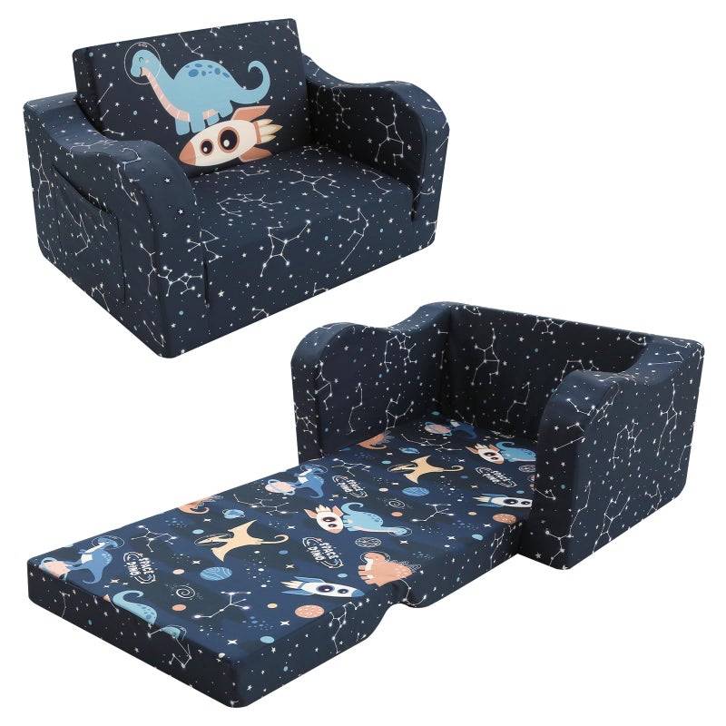 MeMoreCool Toddler Couch, 2-in-1 Kids Couch Fold Out to Lounger, Comfy Toddler Chair for 1-3 Year Old, Soft Foam Kids Sofa with Washable Cover and Side Pocket, Midnight Galaxy - Image 1