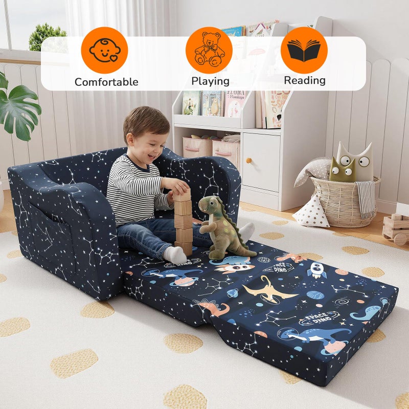 MeMoreCool Toddler Couch, 2-in-1 Kids Couch Fold Out to Lounger, Comfy Toddler Chair for 1-3 Year Old, Soft Foam Kids Sofa with Washable Cover and Side Pocket, Midnight Galaxy - Image 2