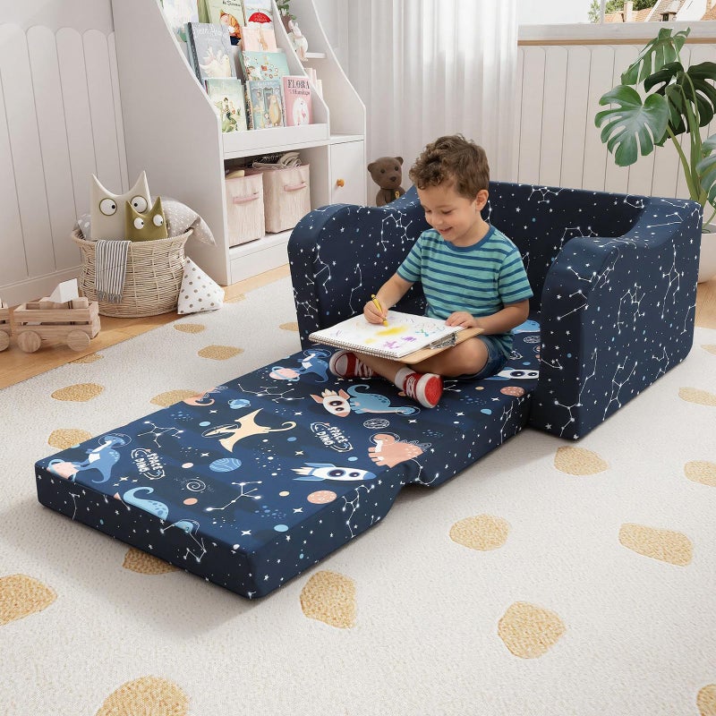 MeMoreCool Toddler Couch, 2-in-1 Kids Couch Fold Out to Lounger, Comfy Toddler Chair for 1-3 Year Old, Soft Foam Kids Sofa with Washable Cover and Side Pocket, Midnight Galaxy - Image 4
