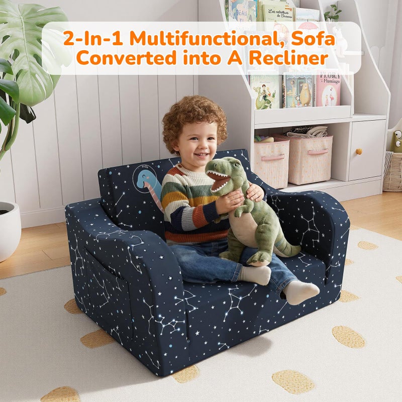 MeMoreCool Toddler Couch, 2-in-1 Kids Couch Fold Out to Lounger, Comfy Toddler Chair for 1-3 Year Old, Soft Foam Kids Sofa with Washable Cover and Side Pocket, Midnight Galaxy - Image 5