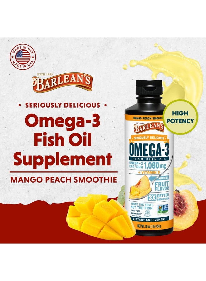 Barlean's Mango Peach Omega 3 Fish Oil Liquid Supplement with Vitamin D, 1080mg EPA & DHA Fatty Acid, Smoothie Flavored & Burpless for Brain, Joint, & Heart Health, 16 oz - Image 2