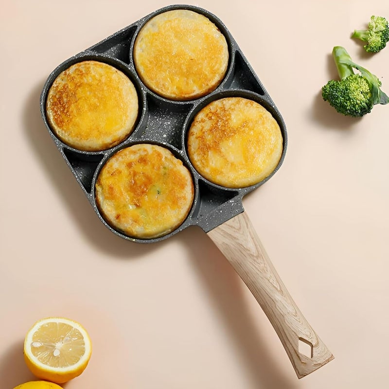 HAPPY BORN 4-Hole Non-Stick Egg Frying Pan with Detachable Wooden Handle, Multi-Purpose Frying Pan for Omelet, Uttapam, Idli, Burger, Poached Egg, Kitchen Breakfast (Black, Pack of 1) - Image 4