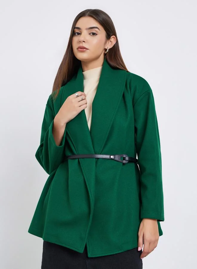 Take Two Dark Green Wool Like Belted Wrap Coat