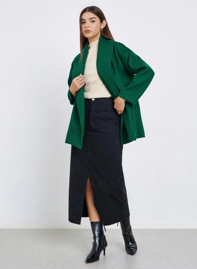 Take Two Dark Green Wool Like Belted Wrap Coat