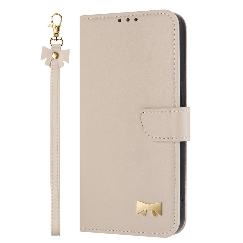erorex For Samsung Galaxy A16 4G / 5G Metal Bow Leather Phone Case with Hand Strap(Apricot) - Image 2