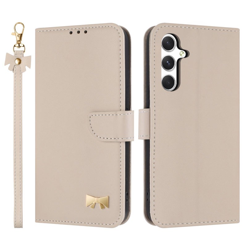 erorex For Samsung Galaxy A16 4G / 5G Metal Bow Leather Phone Case with Hand Strap(Apricot) - Image 1