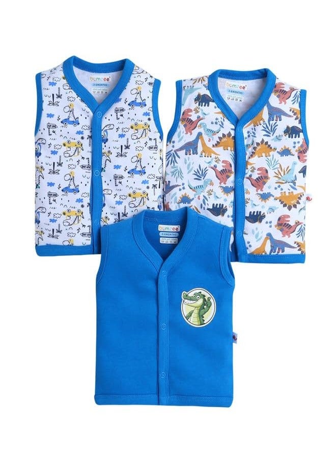 BUMZEE Baby Boys Cotton Pack of 3 Sleeveless Jablas Blue & White - 3-6 Months (Peb10571C-blu) - Image 1
