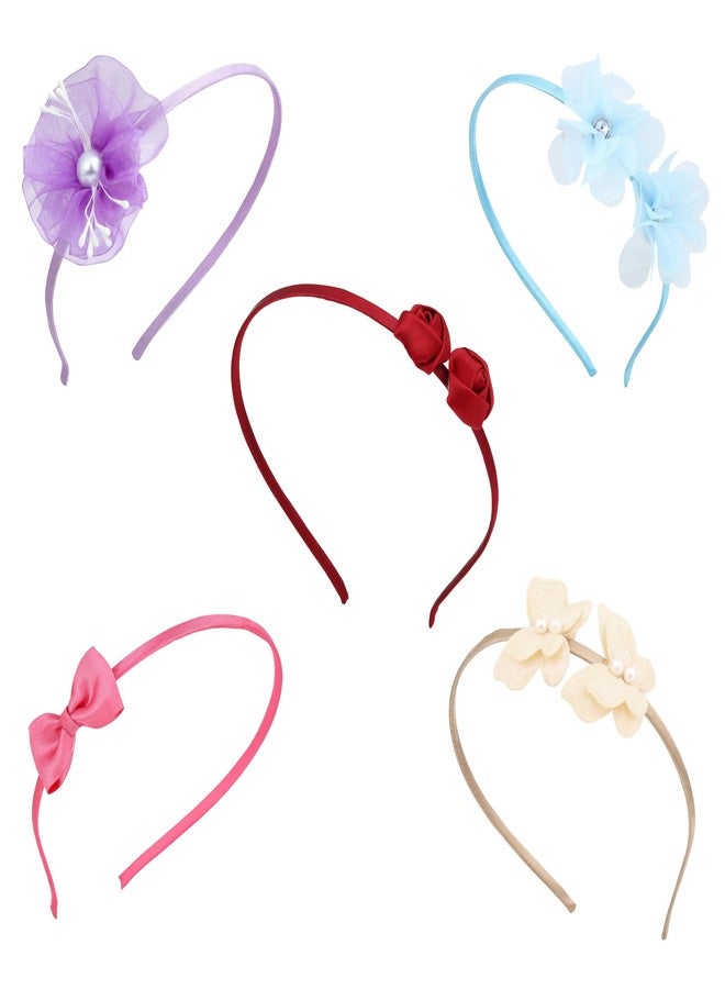ANVIK (5pcs) Cute Stylish Fancy Satin Hairband Headband Head Band for Kids Girls/ Floral,Butterfly ,Bow lightweight comfortable Hair Accessories for Girls 3 to 12 years/ Hair Band for Parties/ Festival/Wedding/school/Birthday Gift for Girls - Image 1
