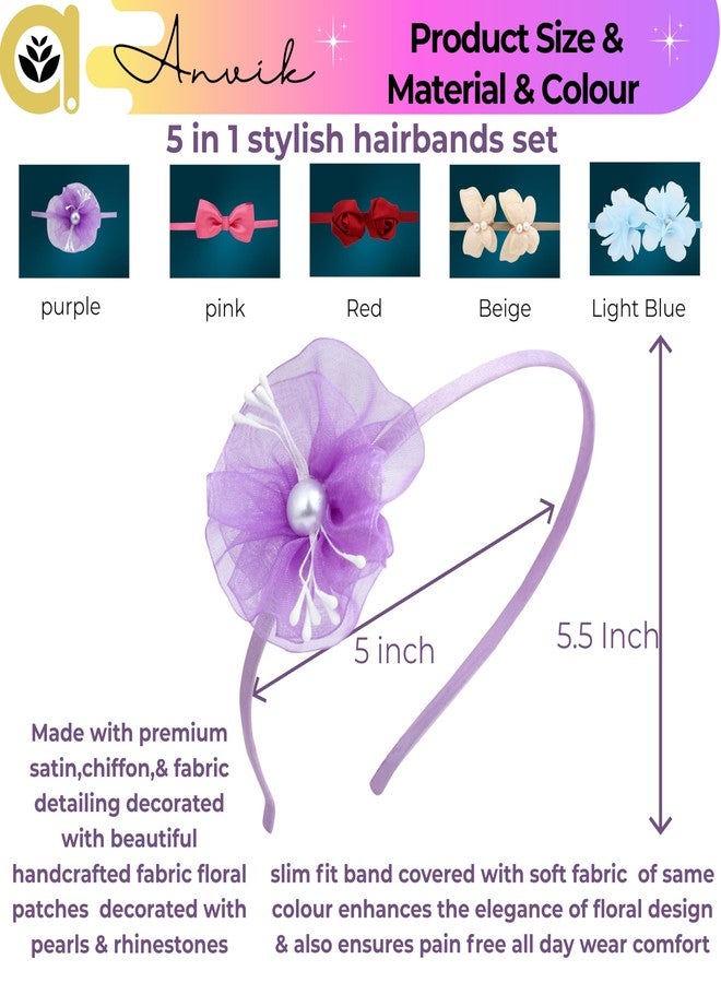 ANVIK (5pcs) Cute Stylish Fancy Satin Hairband Headband Head Band for Kids Girls/ Floral,Butterfly ,Bow lightweight comfortable Hair Accessories for Girls 3 to 12 years/ Hair Band for Parties/ Festival/Wedding/school/Birthday Gift for Girls - Image 3