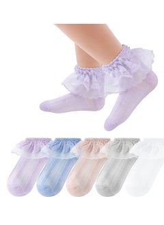 5 Pairs Girls Lace Ruffle Socks Kids Cotton Socks Baby Toddler Ankle Dress Socks, Girls Frilly Lace Tutu Flower Soft Cotton Socks Ankle Socks 3-5Y