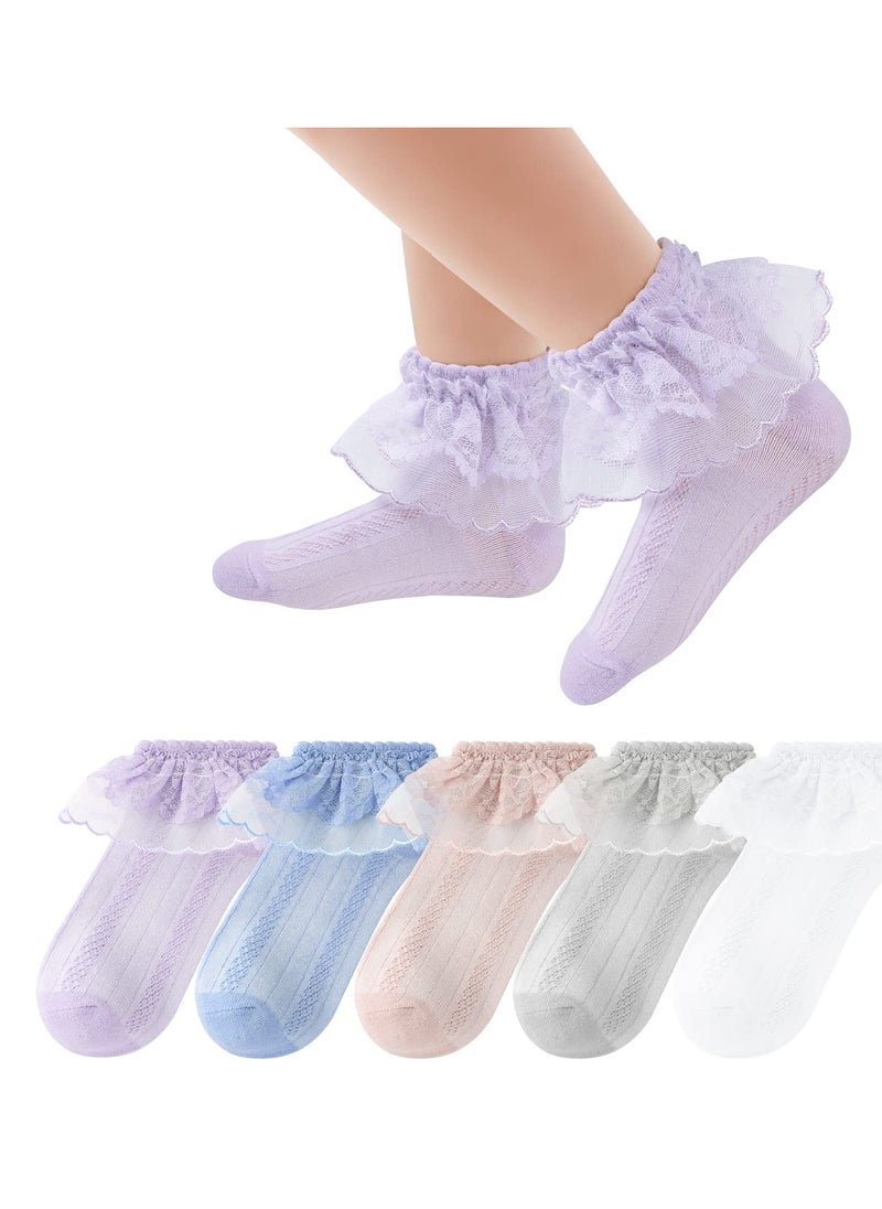 Generic - 5 Pairs Girls Lace Ruffle Socks Kids Cotton Socks Baby Toddler Ankle Dress Socks, Girls Frilly Lace Tutu Flower Soft Cotton Socks Ankle Socks 3-5Y - Image 1
