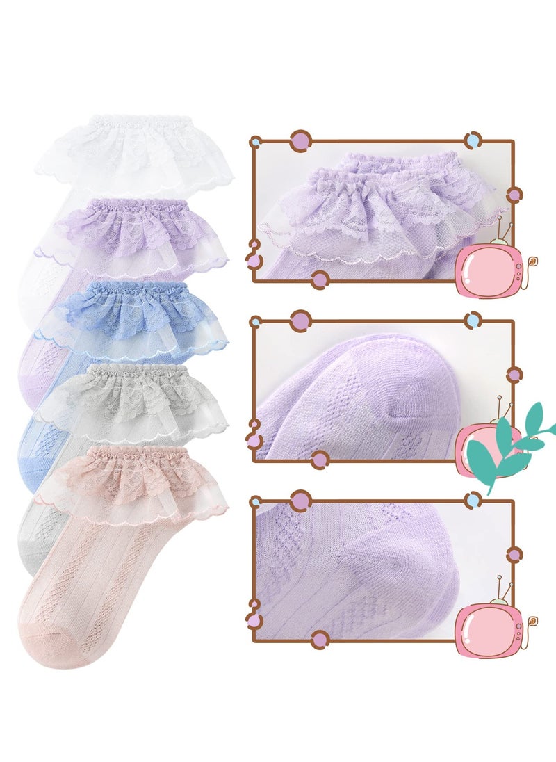 Generic - 5 Pairs Girls Lace Ruffle Socks Kids Cotton Socks Baby Toddler Ankle Dress Socks, Girls Frilly Lace Tutu Flower Soft Cotton Socks Ankle Socks 3-5Y - Image 1