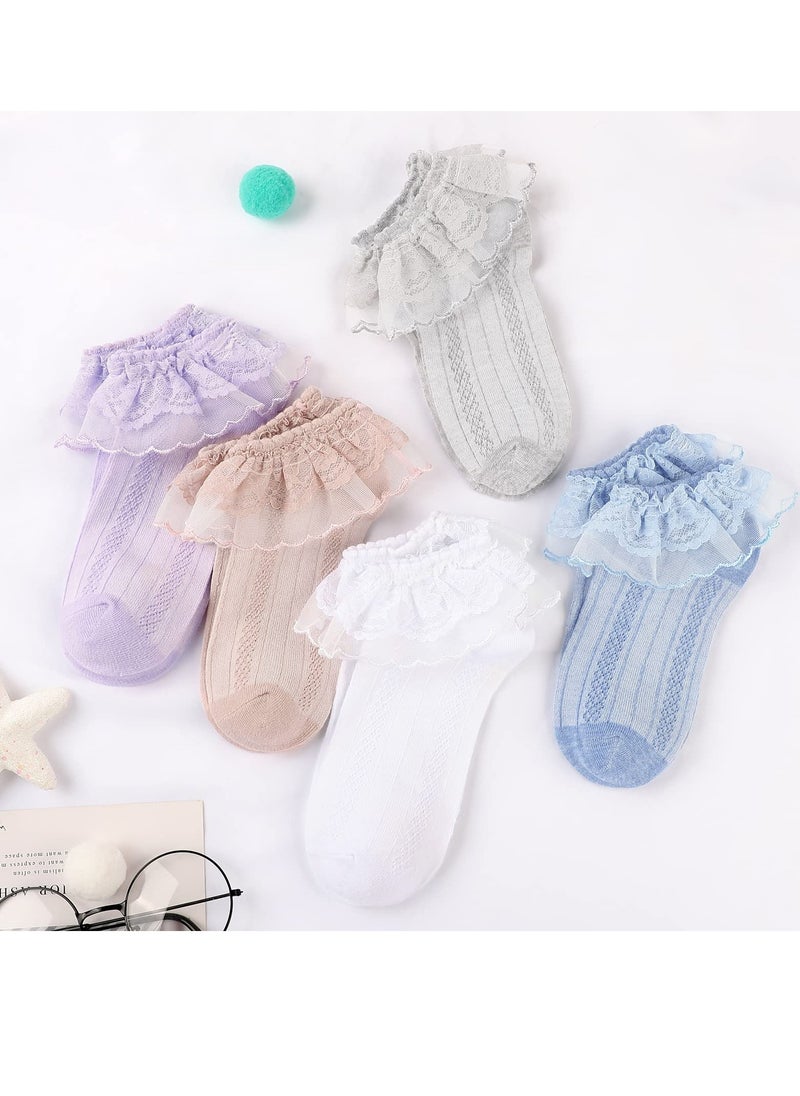 Generic - 5 Pairs Girls Lace Ruffle Socks Kids Cotton Socks Baby Toddler Ankle Dress Socks, Girls Frilly Lace Tutu Flower Soft Cotton Socks Ankle Socks 3-5Y - Image 1
