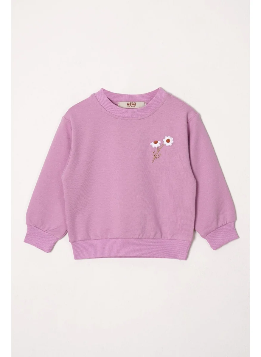 أكار Crew Neck Long Sleeve Daisy Embroidered Purple Color Girl Tracksuit