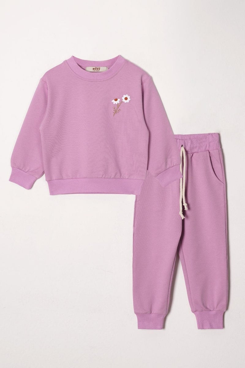 Acar Crew Neck Long Sleeve Daisy Embroidered Purple Color Girl Tracksuit - Image 1