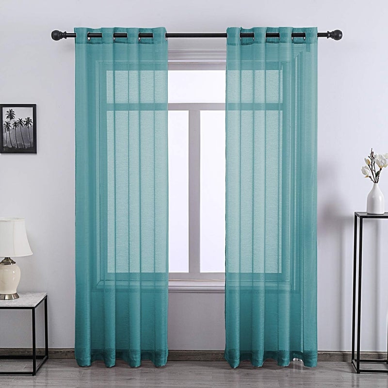 DONREN Teal Sheer Curtains 72 Inch Grommet 2 Pieces Faux Linen Voile Drapes Window Semi Sheer Curtains for Living Room Bedroom, 52 W x 72 L Inch Length - Image 1