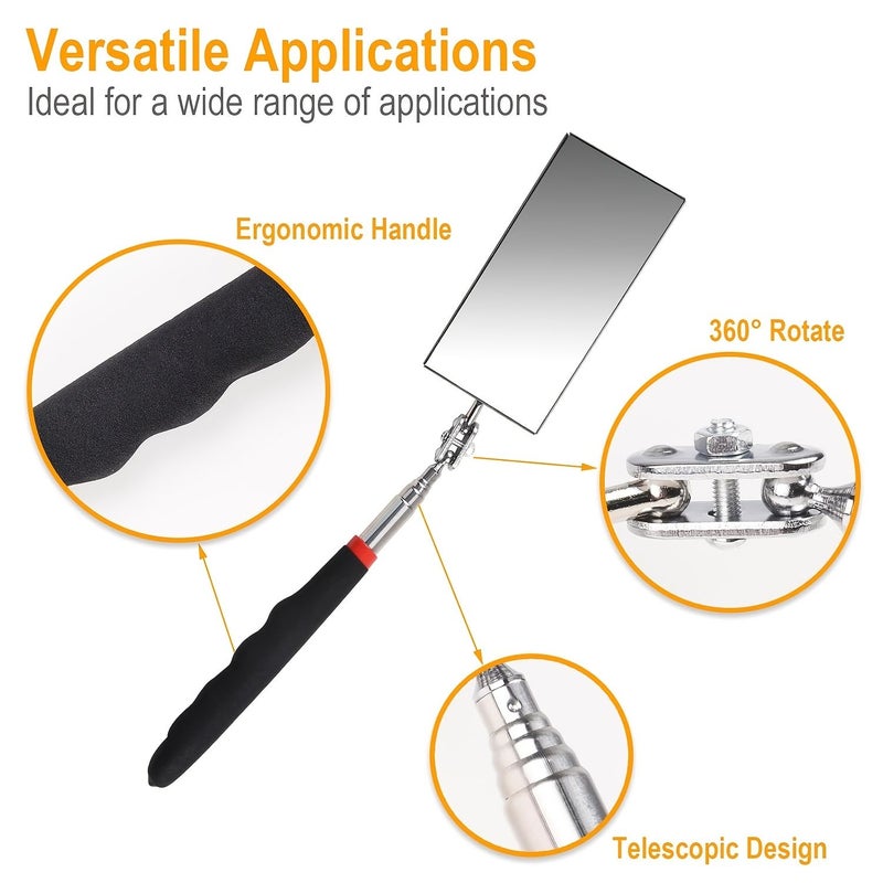 Black Adjustable Telescoping Inspection Mirror 12 to 30 Inches with Flexible Rectangular Head and Long Handle for Enhanced Visibility - Image 4
