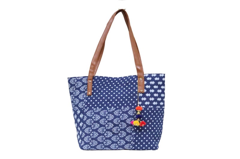 SHIVKARI Womens Girls Traditional Ikkat Tote Handbag with Tassels | Blue - Image 1