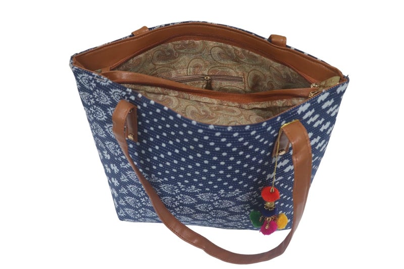 SHIVKARI Womens Girls Traditional Ikkat Tote Handbag with Tassels | Blue - Image 5