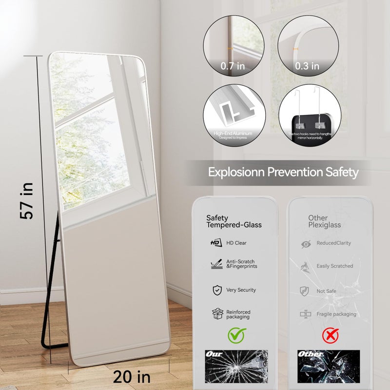 SCWF-GZ 57x20 Door Hanging Full Length Mirror, Floor Stand (Height 5.7ft just Body in1.3ft) Wall Mounted Metal Frame Rectangle Dressing Mirrors for Bedroom Room 57 inch Silver - Image 4